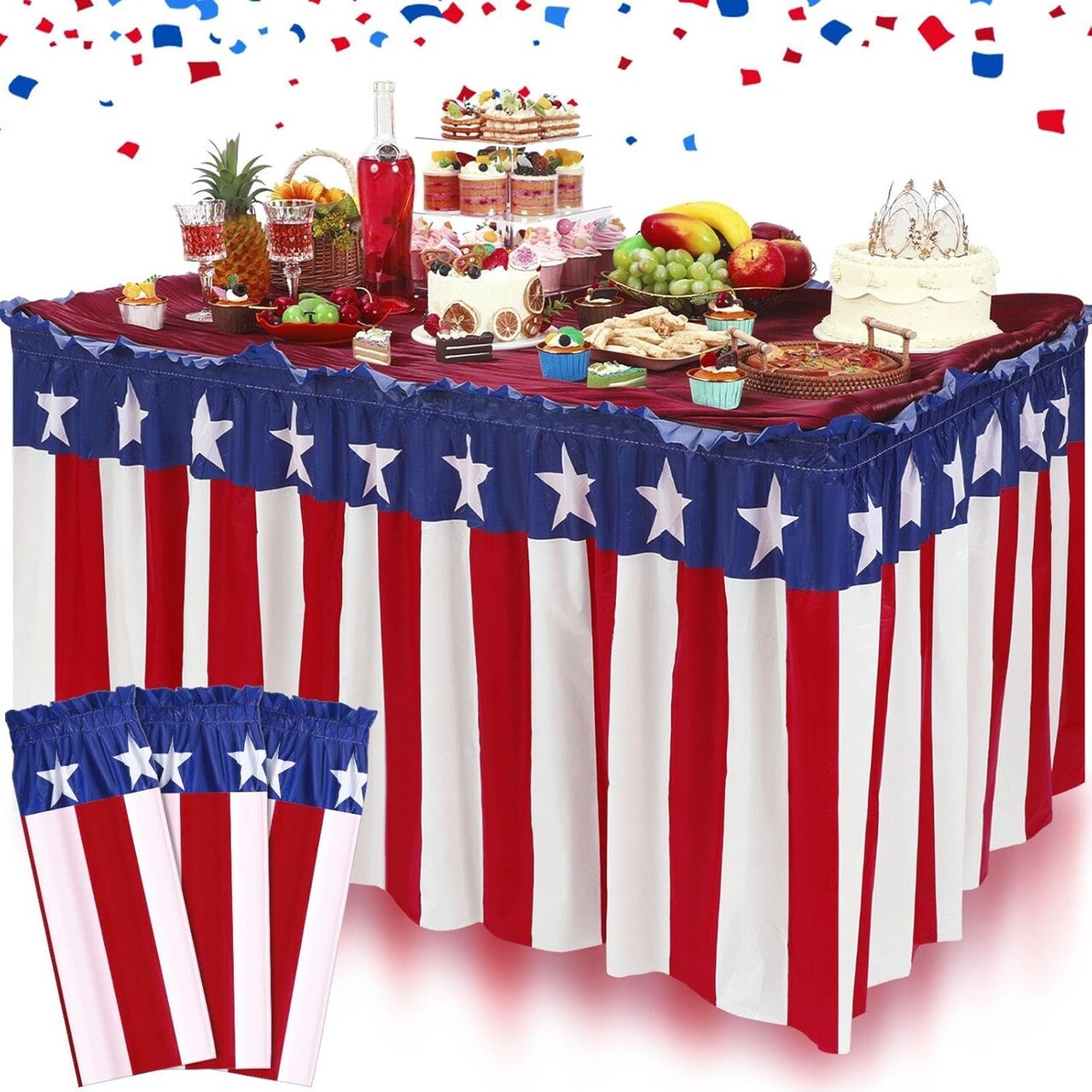 3 Pack 4th of July Plastic Table Skirts – Red, White & Blue Patriotic Disposable Table Skirts for Independence Day, Memorial Day, Veterans Day & 250th Anniversary Party Supplies